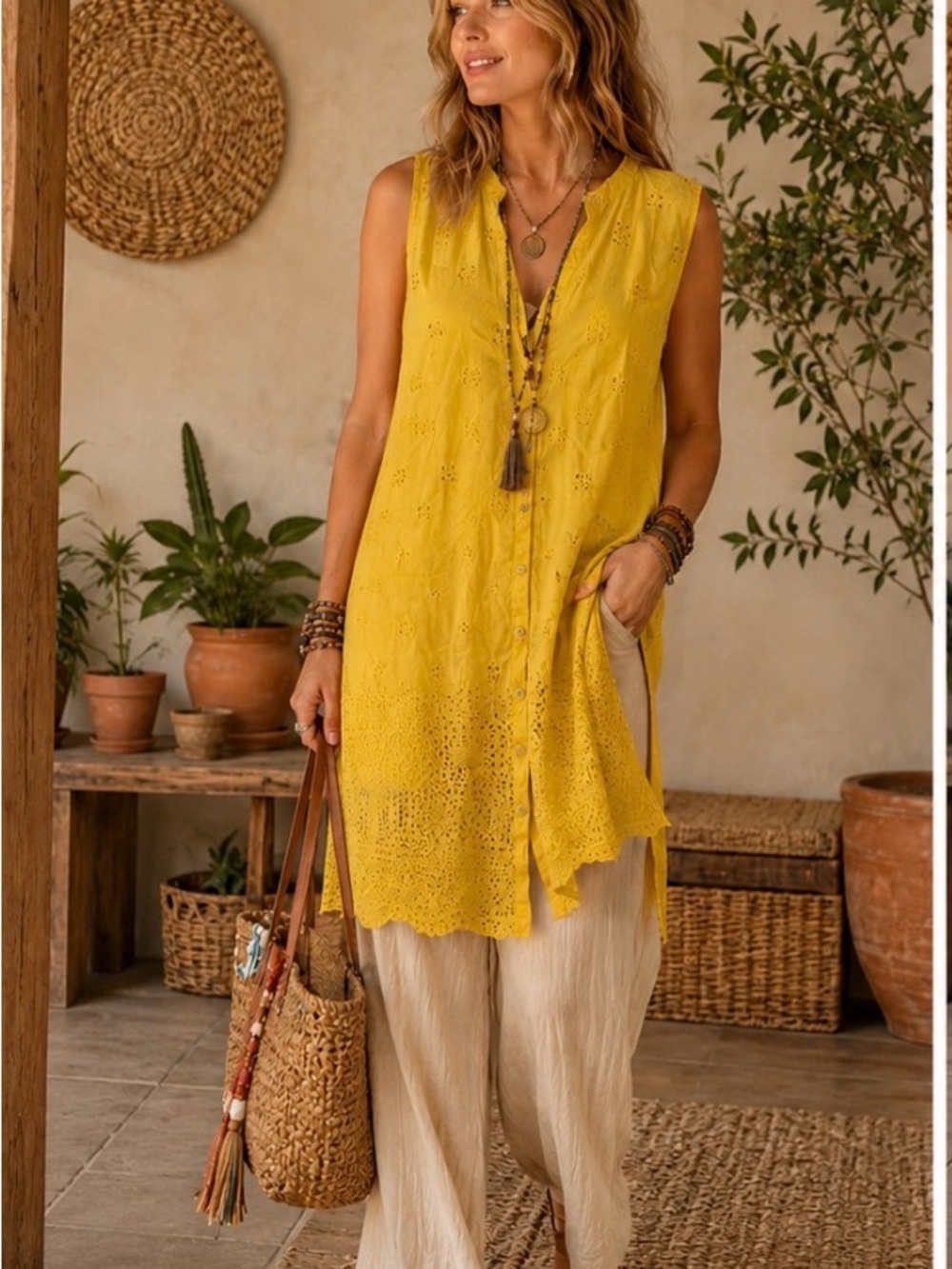 Johnny Was “DARLA” Button Down Yellow Sleeveless Eyelet Tunic P2P 22’ Length 35